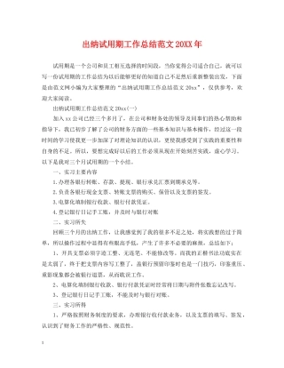 出纳试用期工作总结范文20XX年 