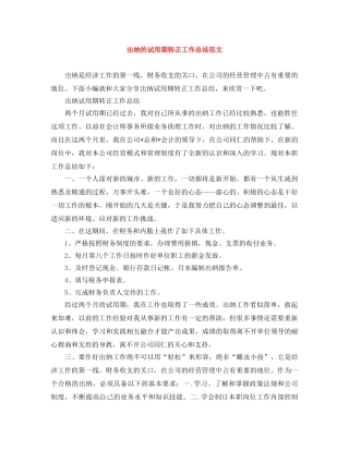 出纳的试用期转正工作总结范文 