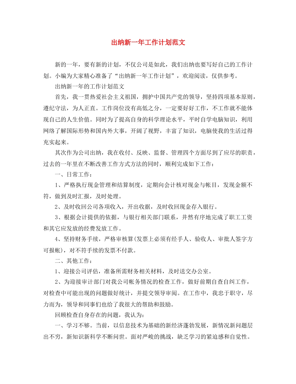 出纳新一年工作计划范文 _第1页