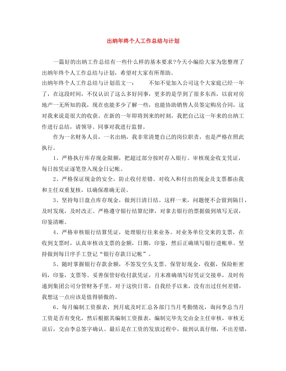 出纳年终个人工作总结与计划 _第1页