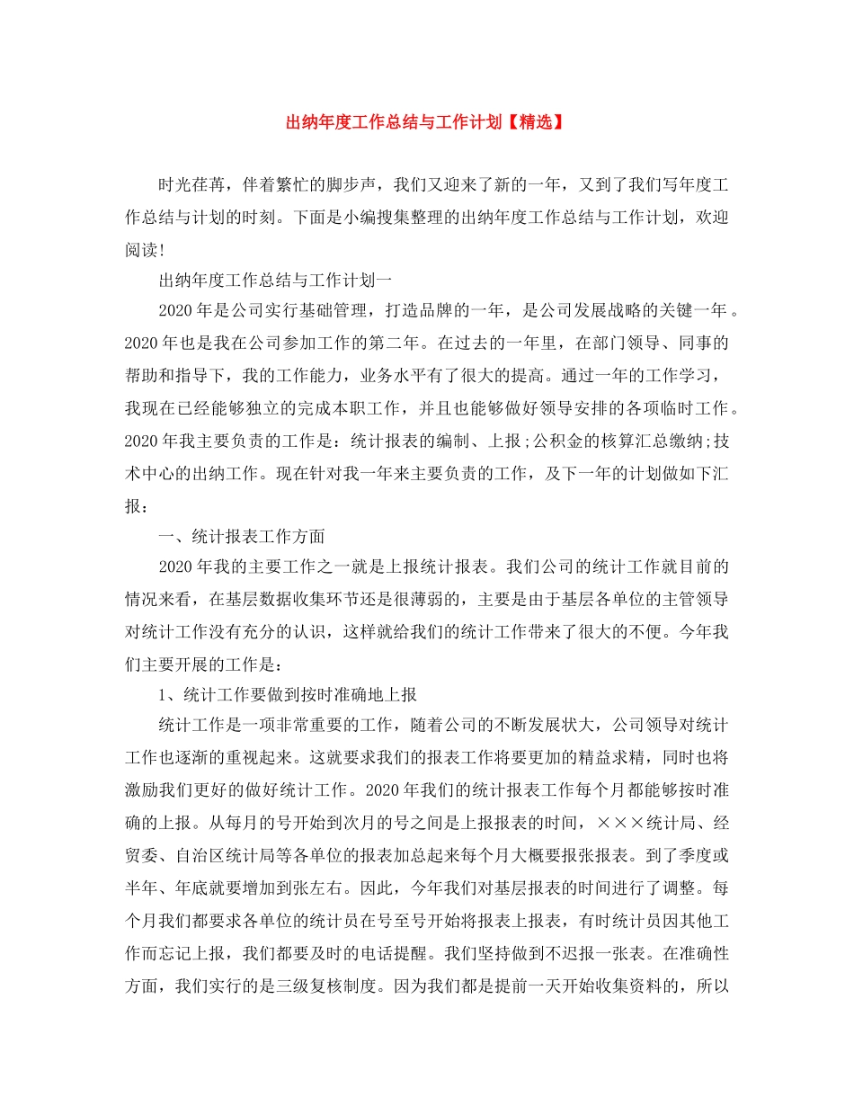 出纳年度工作总结与工作计划【精选】 _第1页