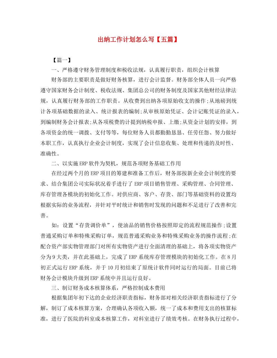 出纳工作计划怎么写【五篇】 _第1页