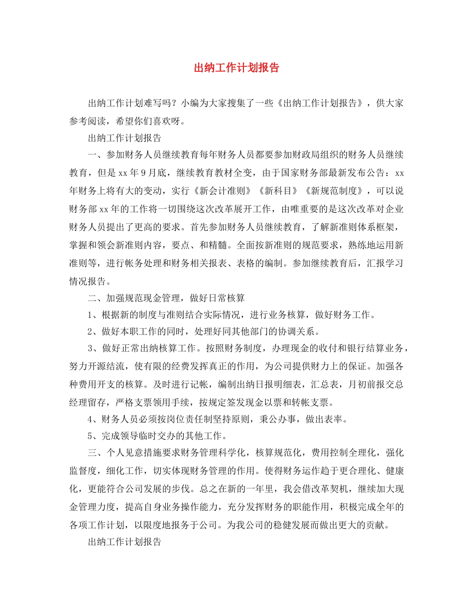 出纳工作计划报告 _第1页