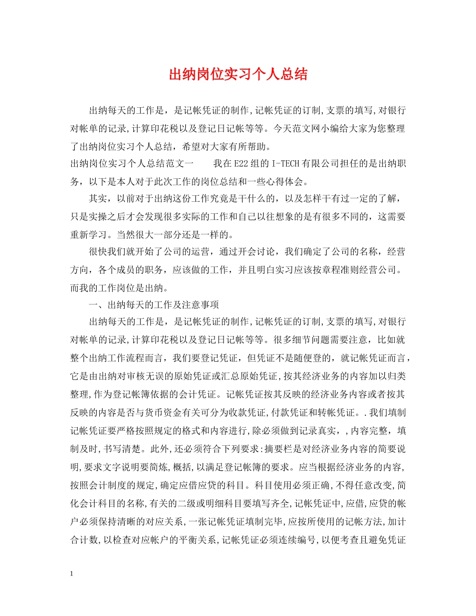 出纳岗位实习个人总结 _第1页