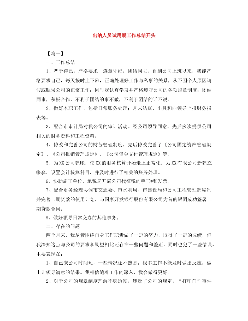 出纳人员试用期工作总结开头 _第1页