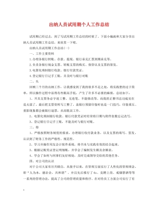 出纳人员试用期个人工作总结 