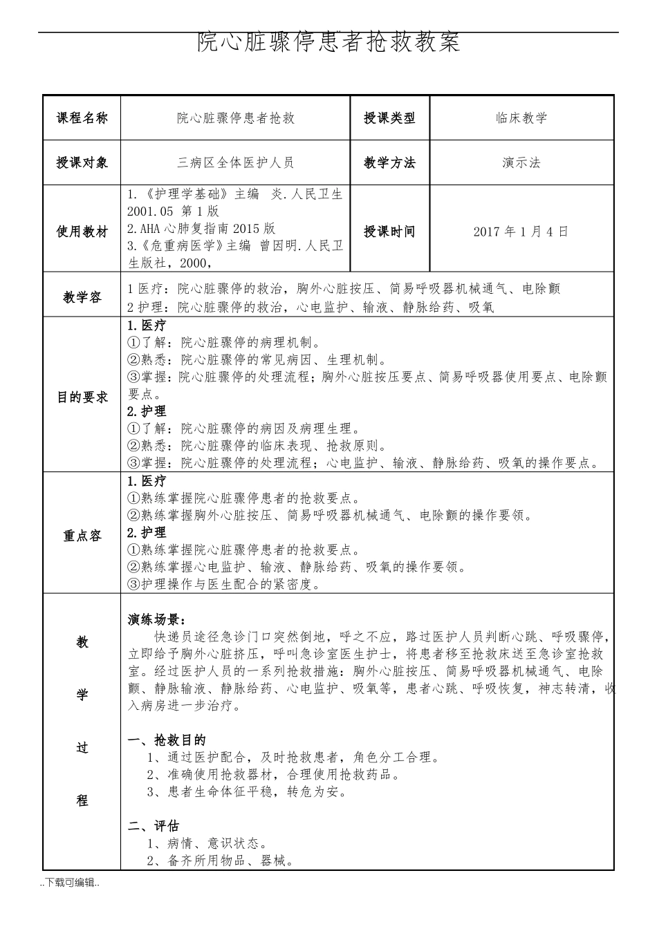 院内心脏骤停抢救演练教学案附操作要点_第2页