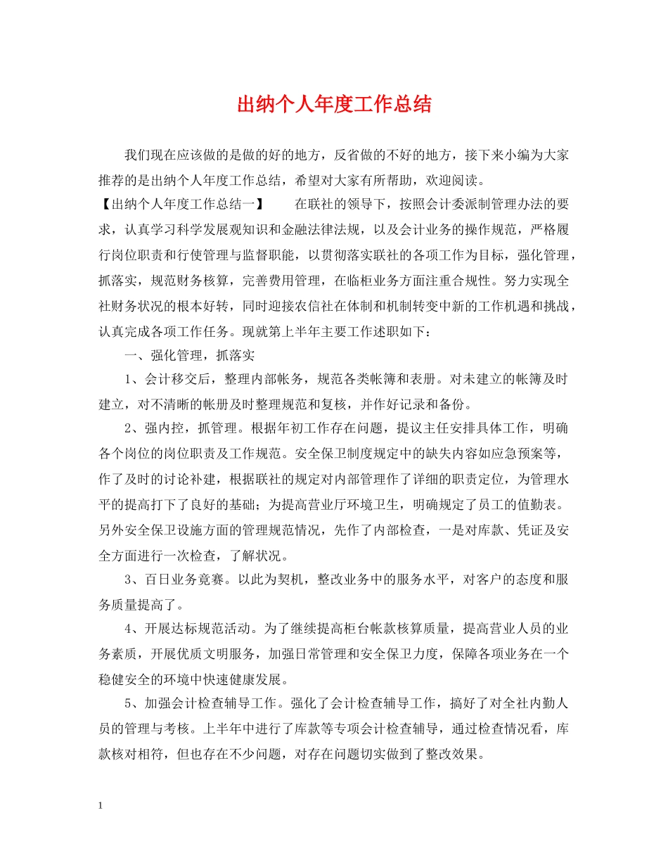 出纳个人年度工作总结2 _第1页