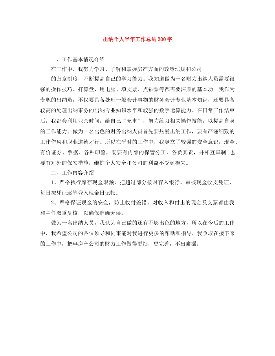 出纳个人半年工作总结300字 _第1页