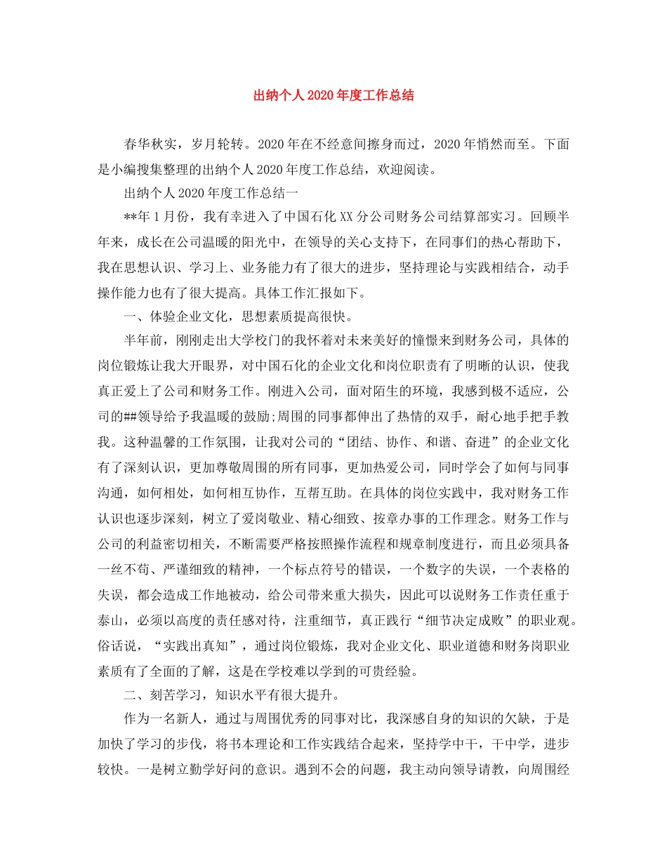 出纳个人2020年度工作总结 _第1页