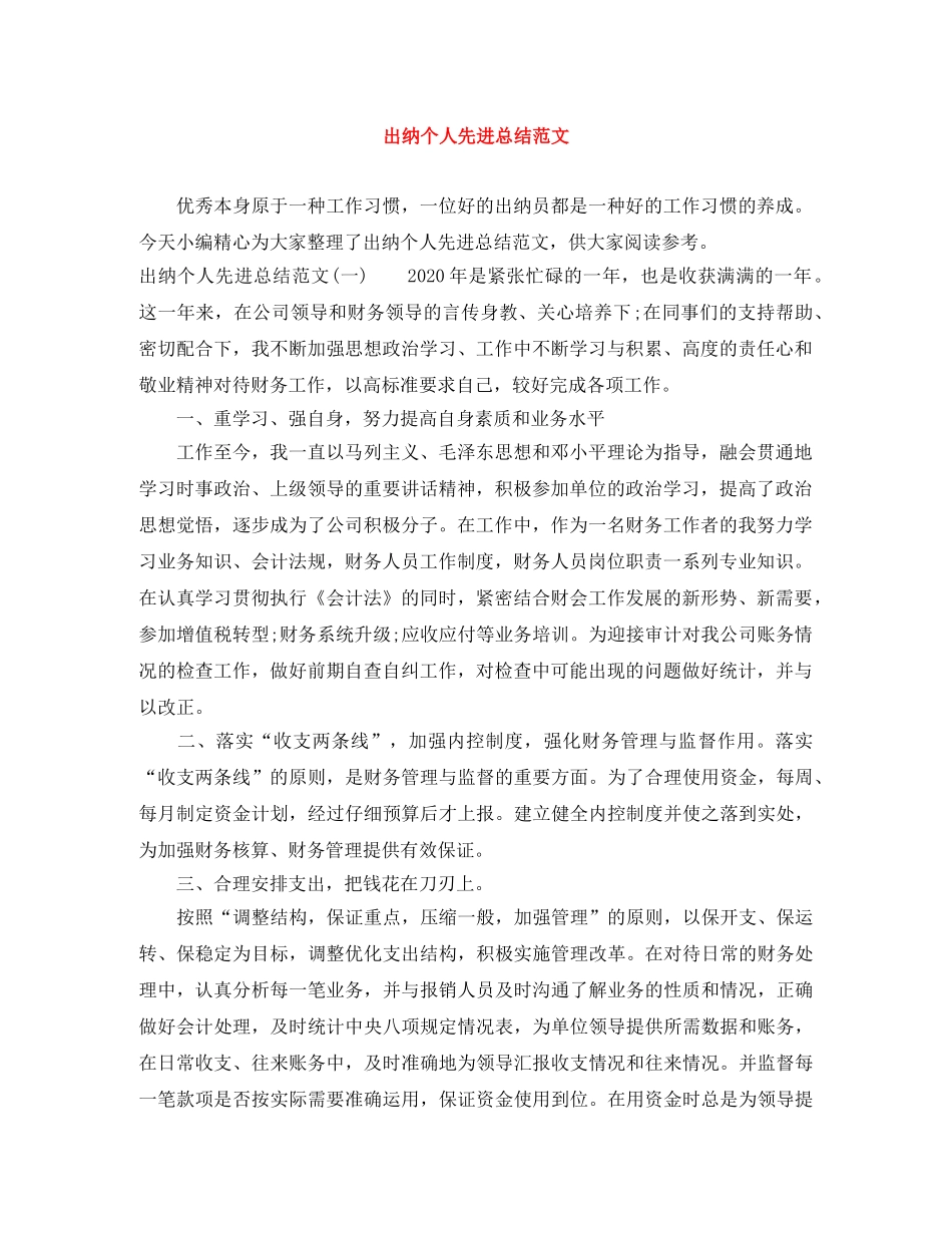 出纳个人先进总结范文 _第1页