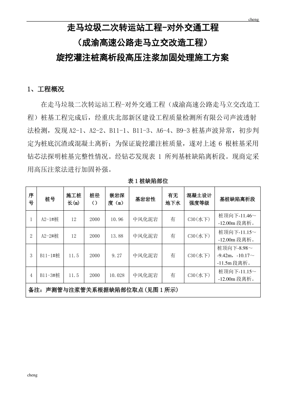 钻孔灌注桩离析段高压注浆加固处理-施工方案范本_第1页