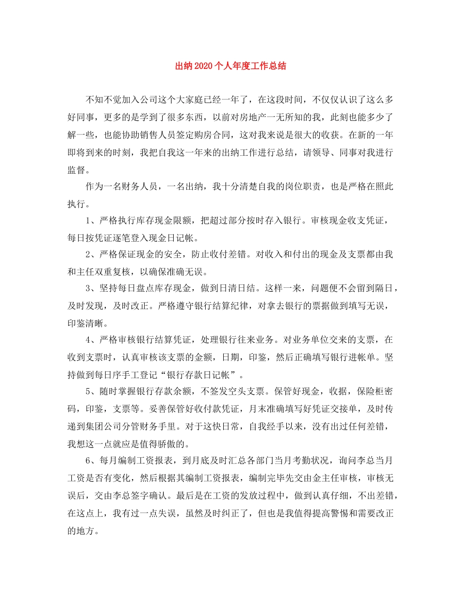 出纳2020个人年度工作总结 _第1页