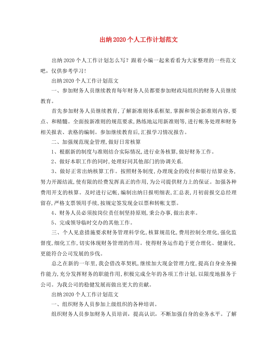 出纳2020个人工作计划范文 _第1页