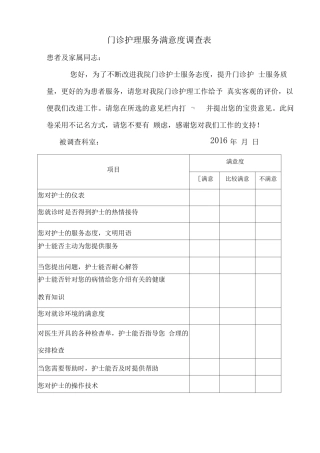 门诊护士满意度调查表