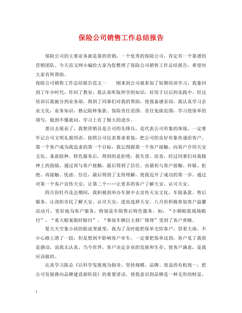 保险公司销售工作总结报告 _第1页