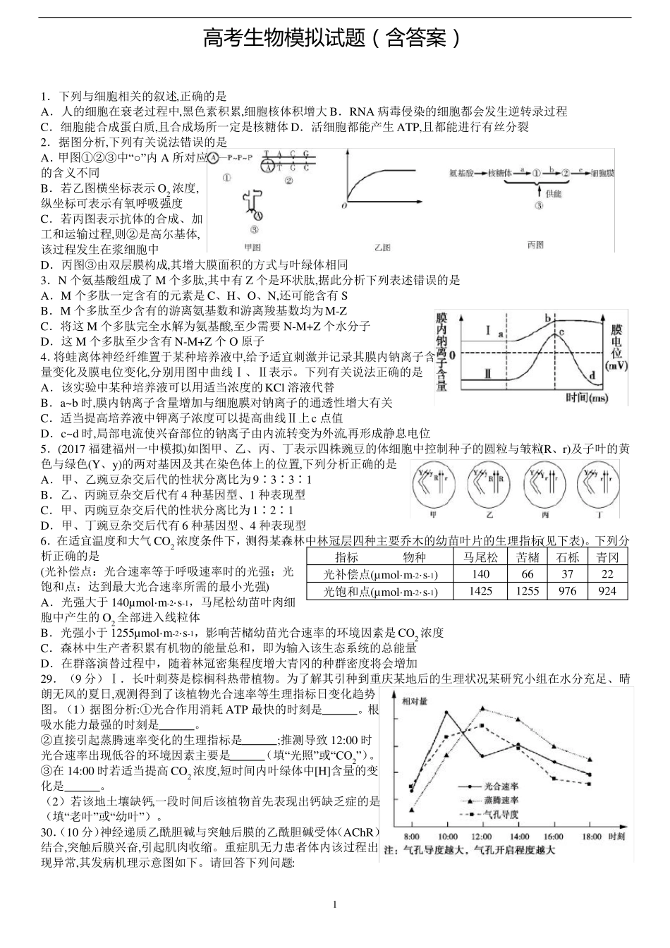 高考生物模拟试题含答案_第1页