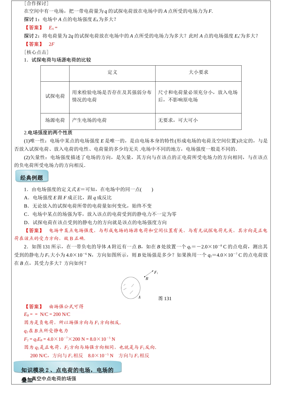 人教人教版高中物理选修3-1第一章第3节电场强度学案版高中物理选修3-1第一章第3节电场强度学案_第2页