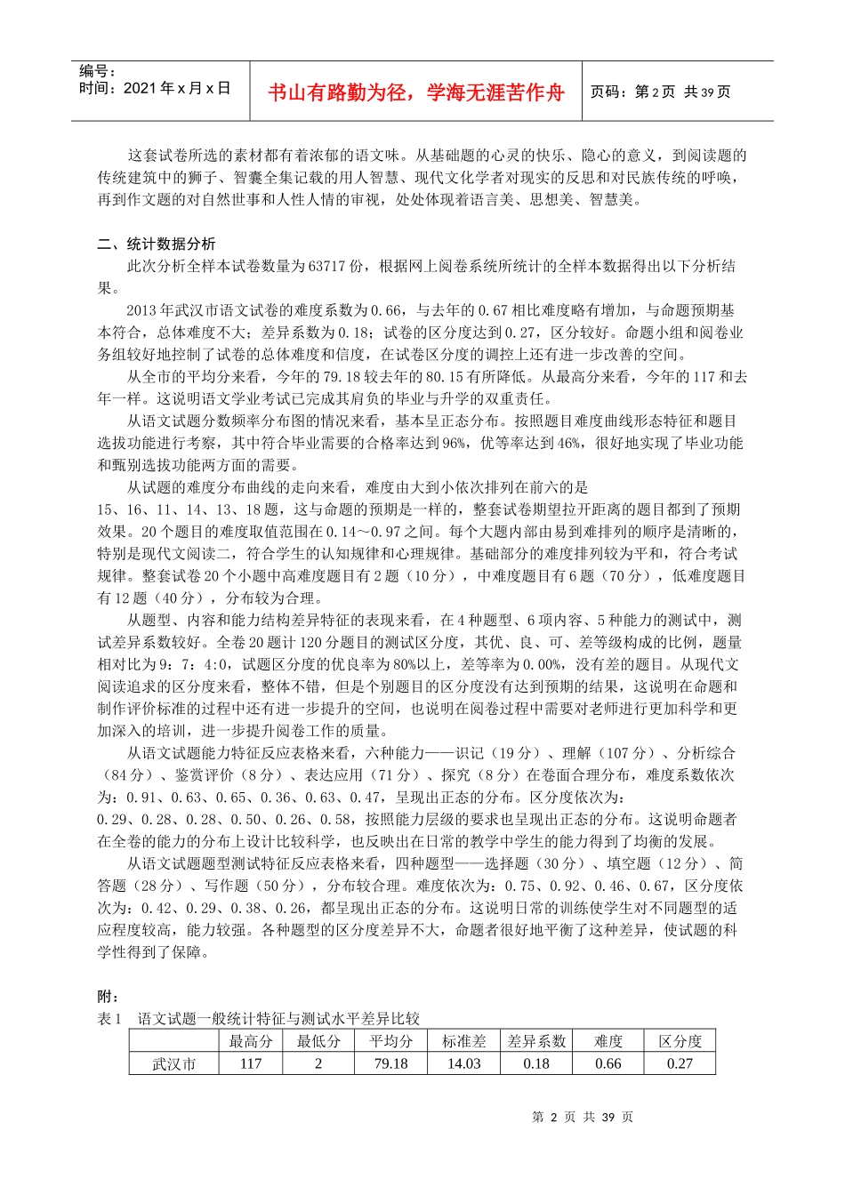 XXXX年武汉市初中毕业生学业考试题质量评估报告(定稿)_第2页