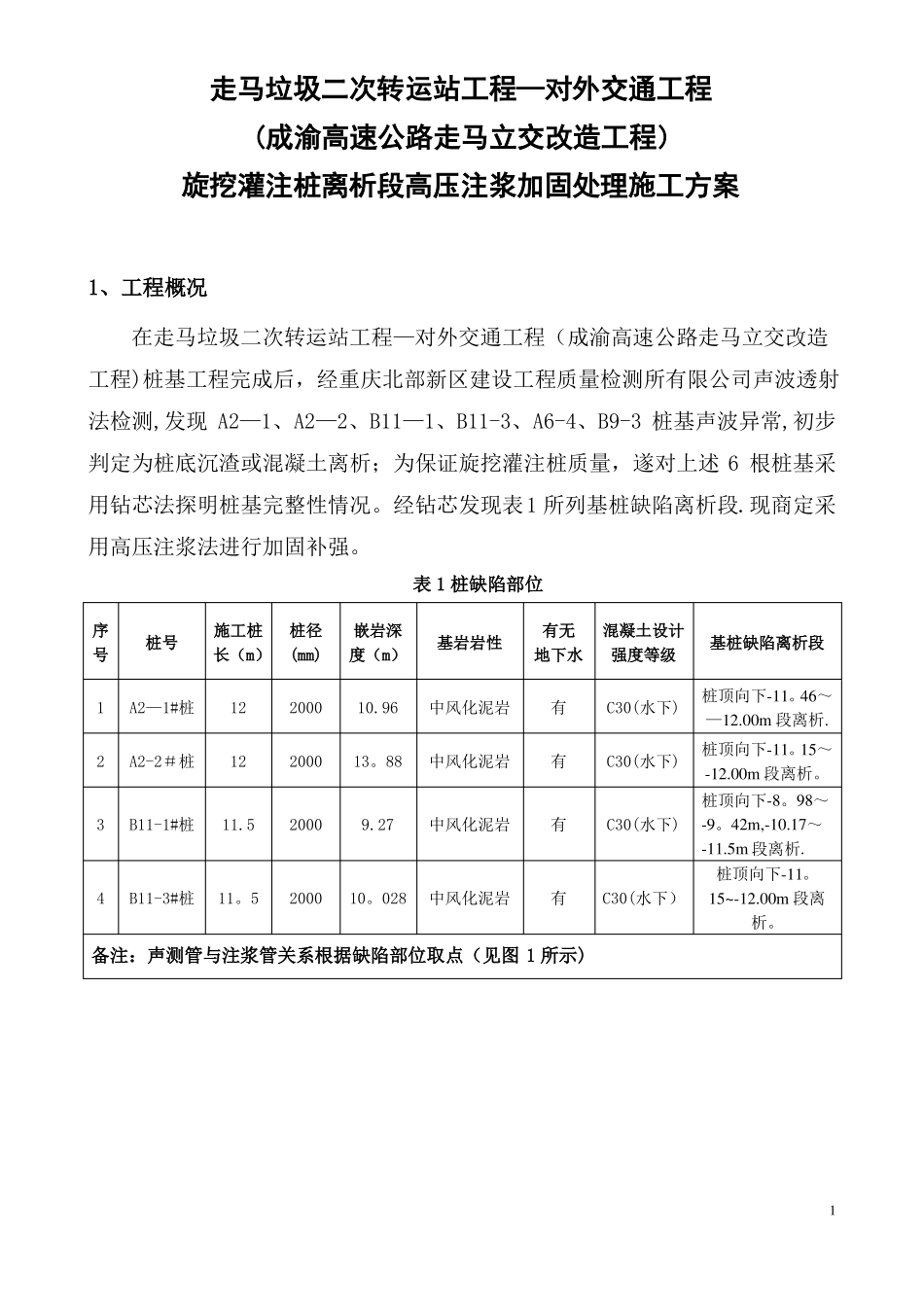 钻孔灌注桩离析段高压注浆加固处理施工方案_第1页