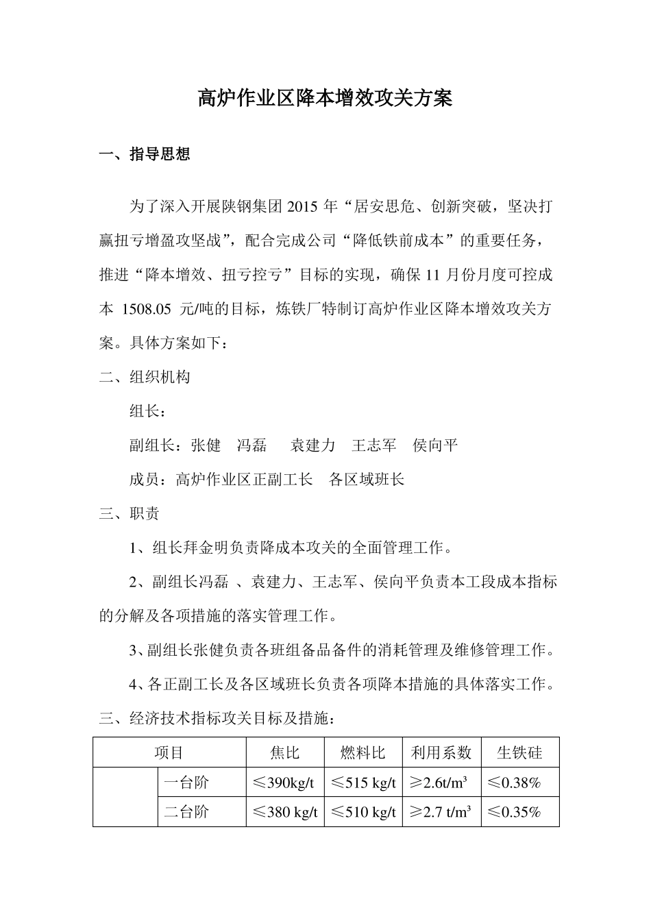 高炉作业区降本增效攻关方案_第1页