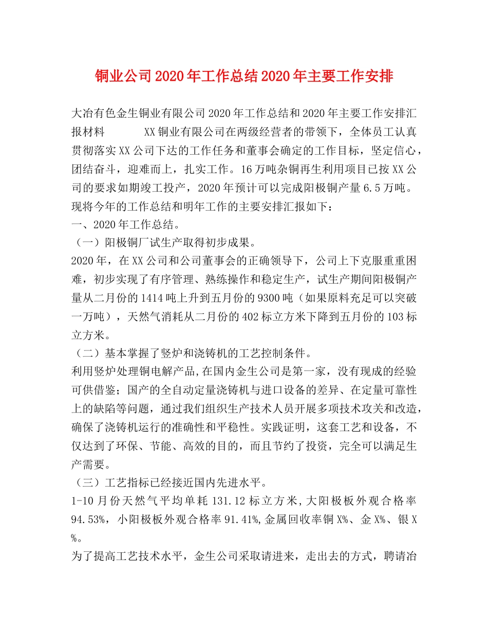 铜业公司2020年工作总结2020年主要工作安排 _第1页