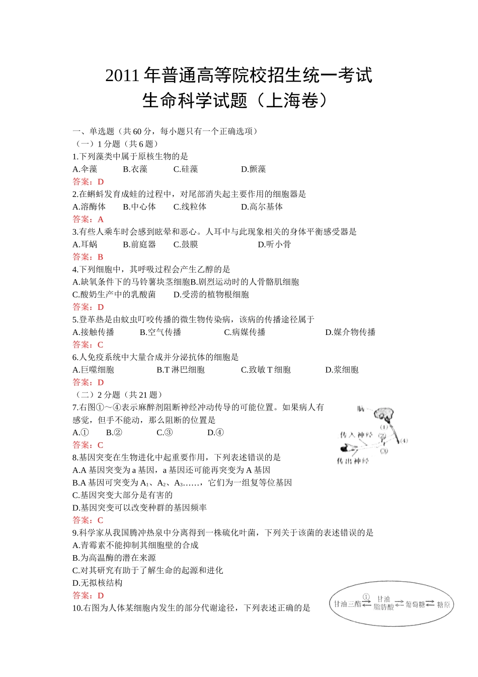 2011高考上海生命科学卷（试题、答案全部word版）_第1页