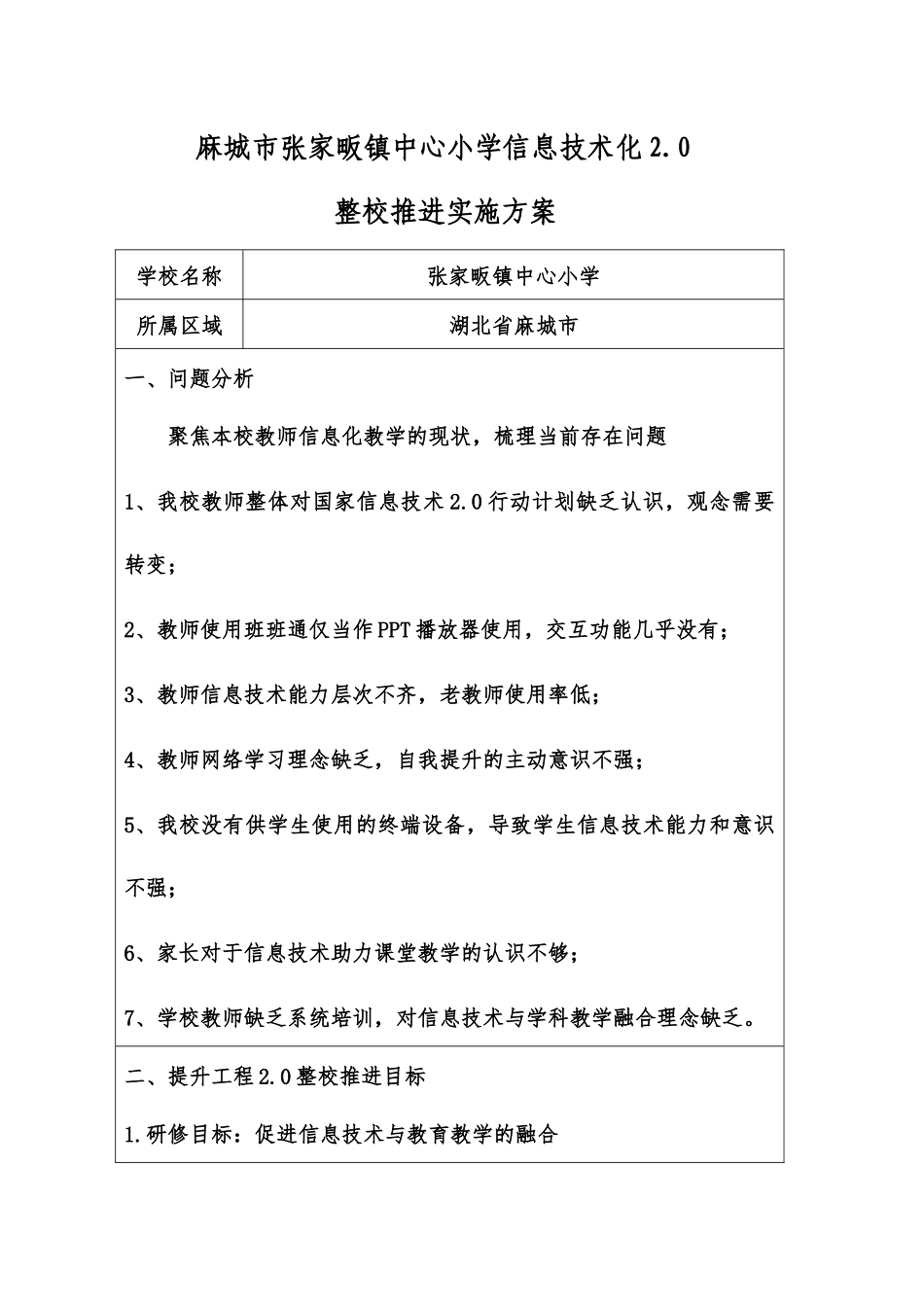 麻城市张家畈镇中心小学信息技术20整校推进方案_第1页