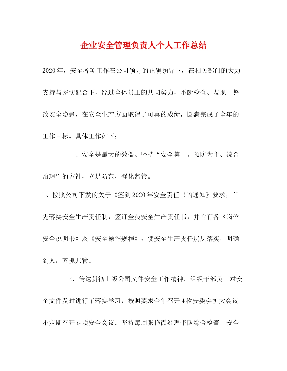 企业安全管理负责人个人工作总结_第1页