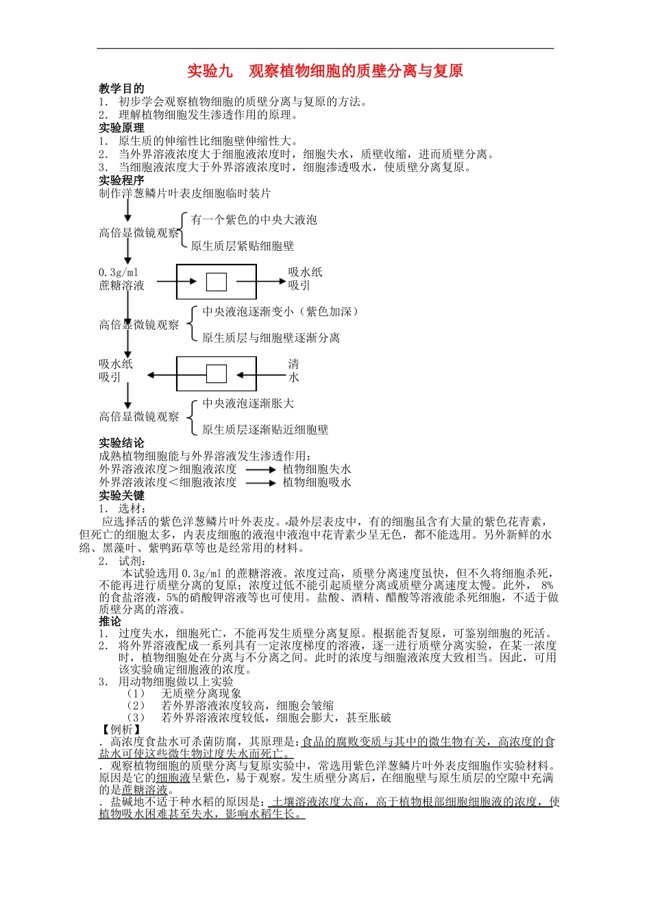 高中生物知识梳理复习试验九观察植物细胞的质壁分_第1页