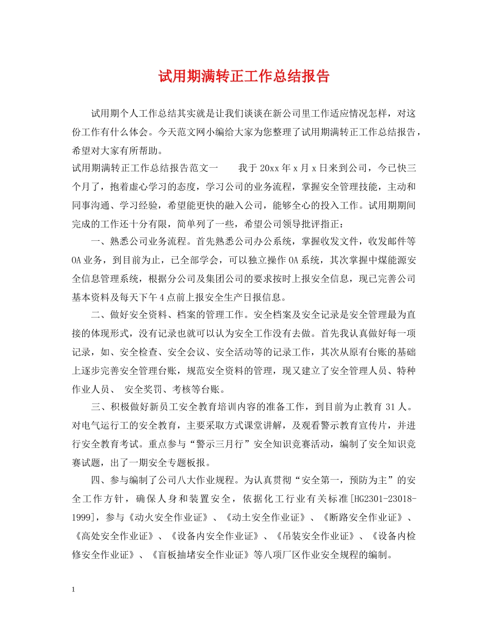 试用期满转正工作总结报告 _第1页