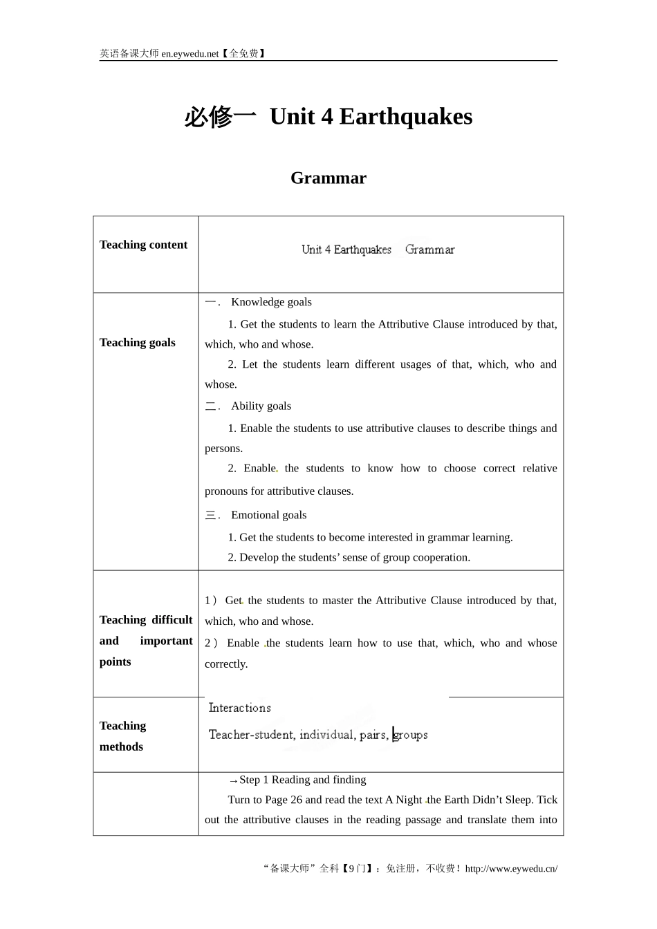 高中英语人教版必修1教案：unit4EarthquakesGrammar教案（系列一）Word版英语备课大师【全免费】_第1页
