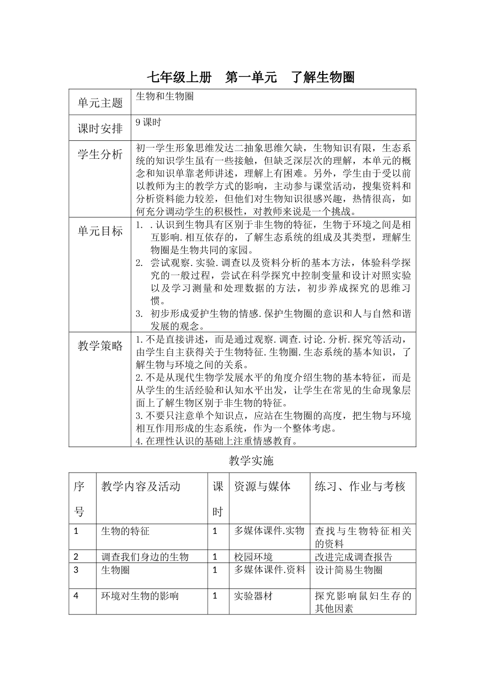 七年级上册第一单元教学设计了解生物圈_第1页