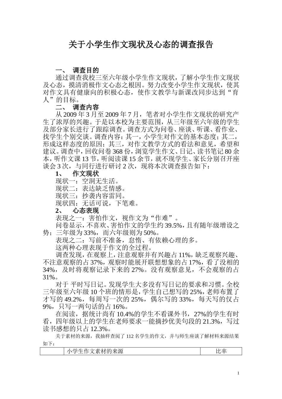 关于小学生作文现状及心态的调查报告_第1页