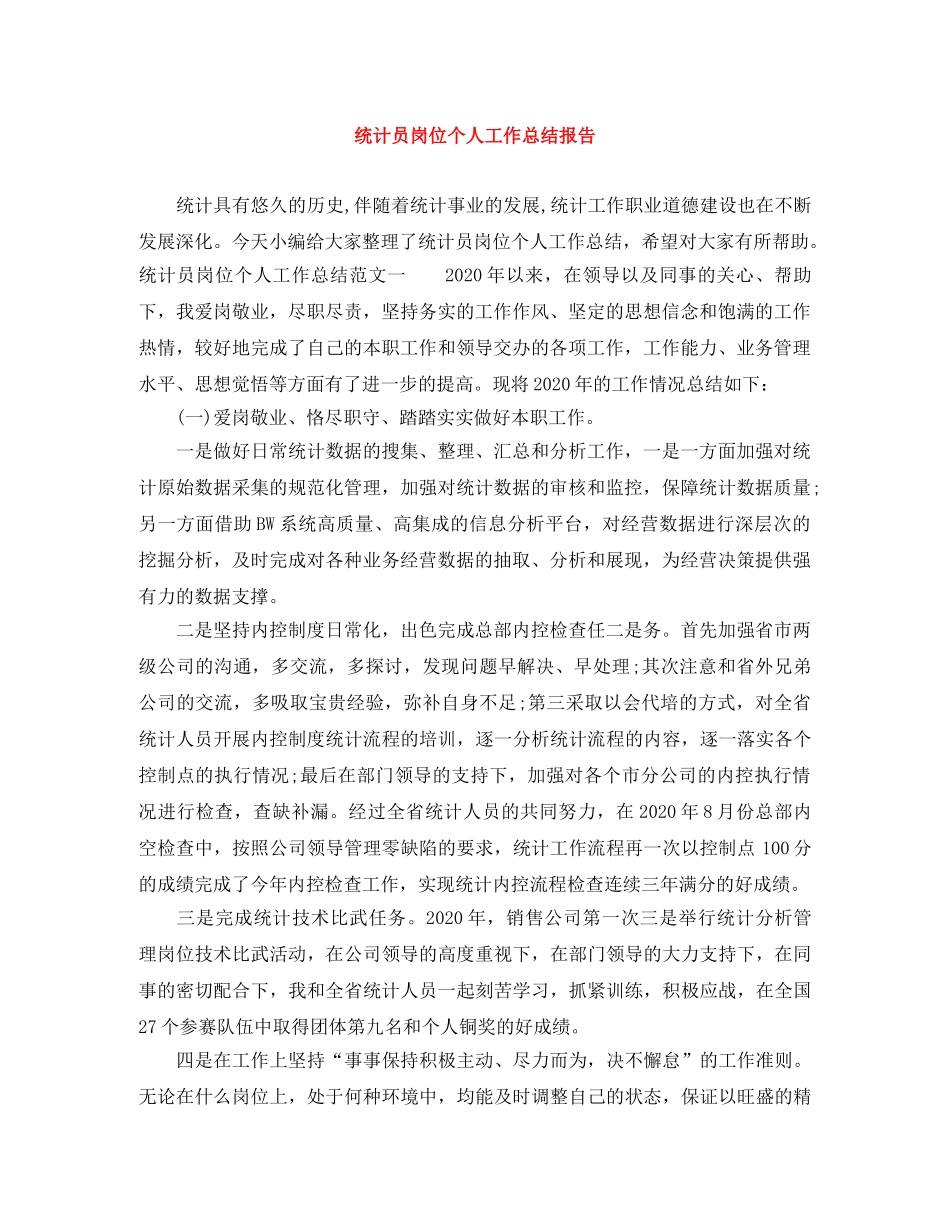 统计员岗位个人工作总结报告 _第1页