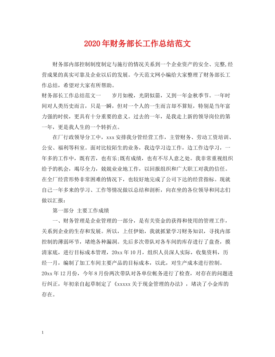 2020年财务部长工作总结范文_第1页