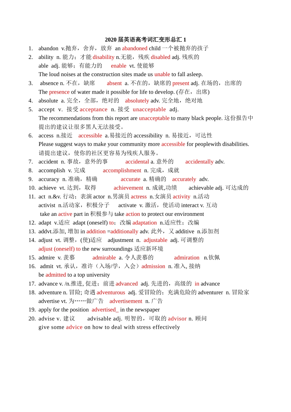 2020高考词汇变形总汇-教师版_第1页