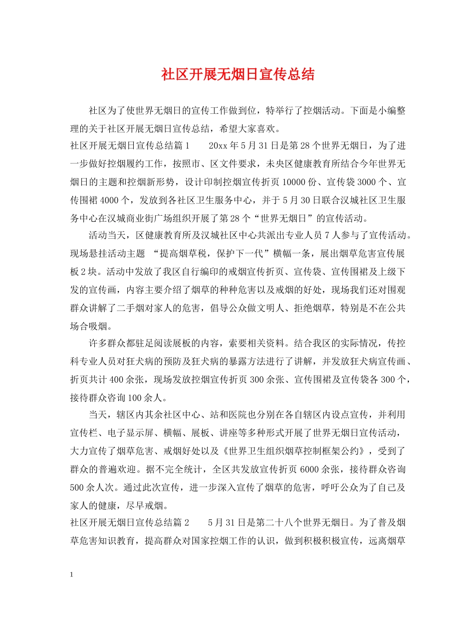 社区开展无烟日宣传总结 _第1页
