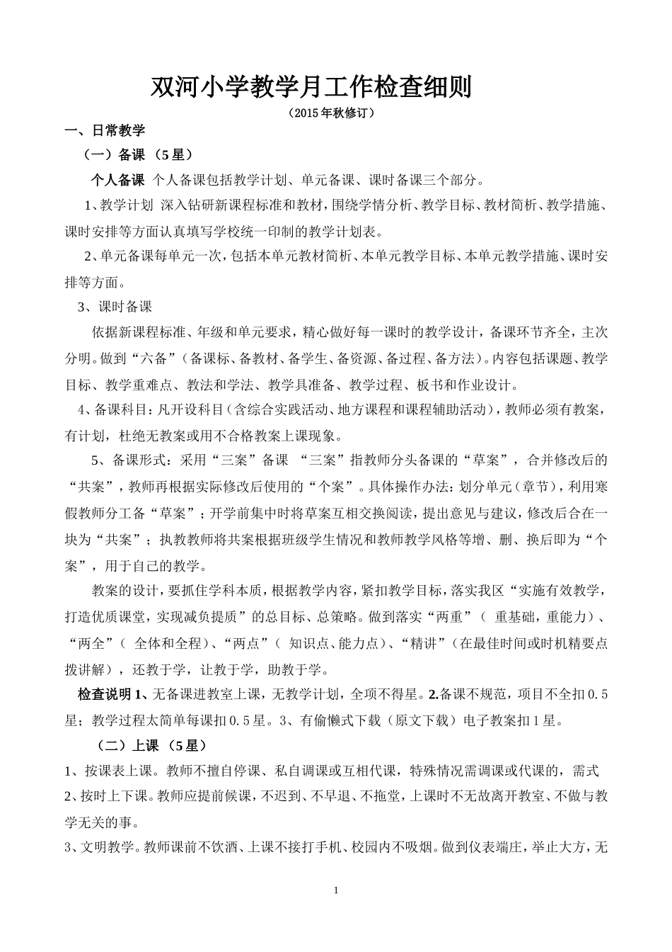 双河小学教学月工作检查细则五_第1页