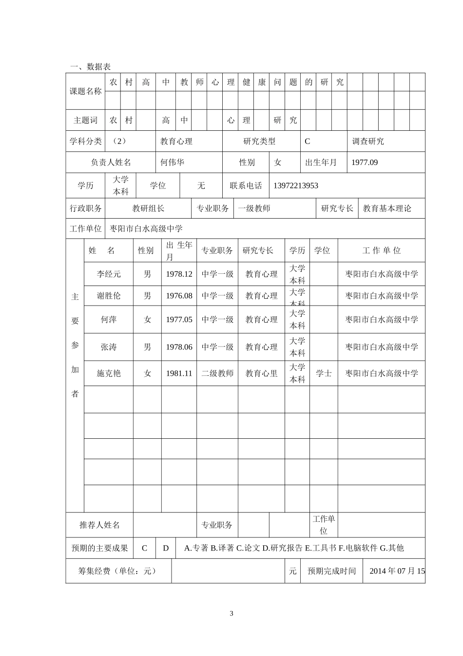 立项申请书(农村高中教师的心理健康问题的研究)_第3页