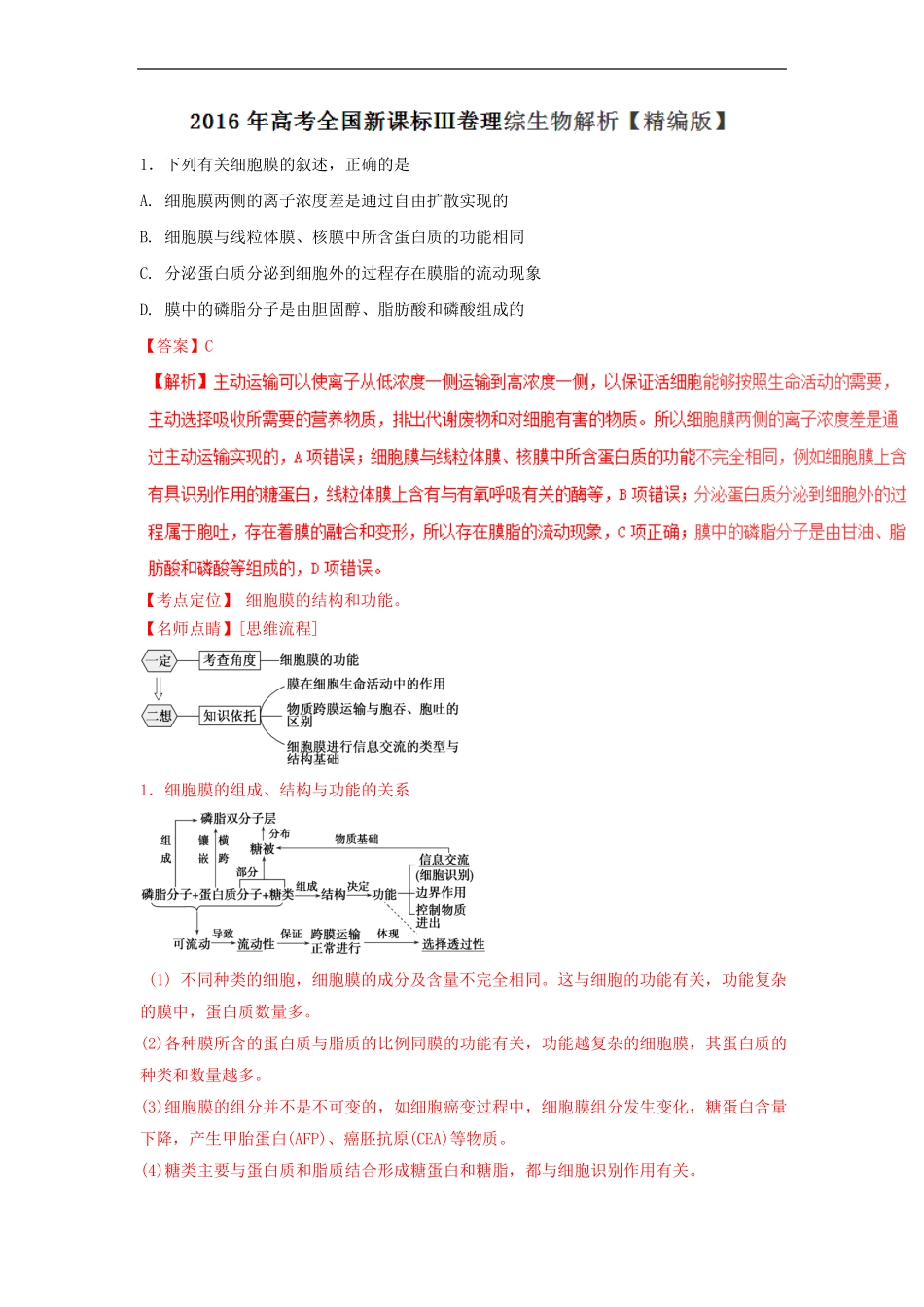 2016年高考全国3卷理综生物试题解析版_第1页