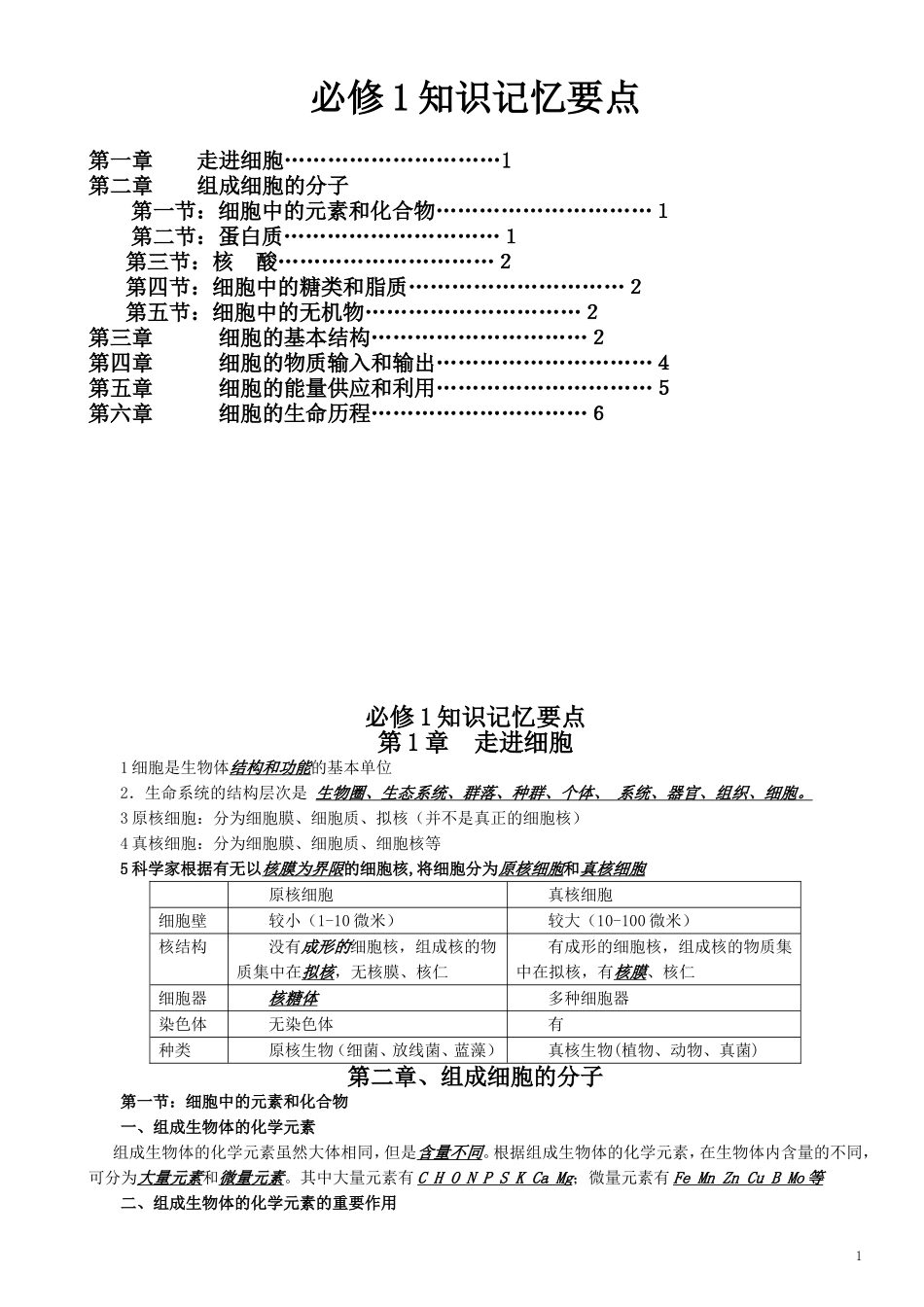必修1分子与细胞知识汇编_第1页