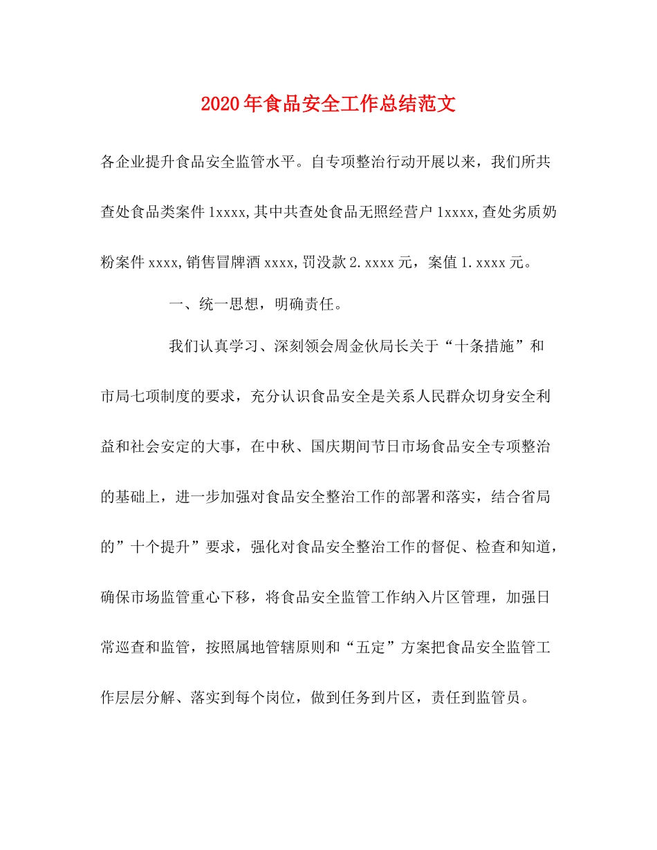 2020年食品安全工作总结范文_第1页
