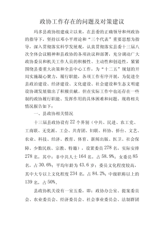 当前政协工作存在的主要问题及对策建议 