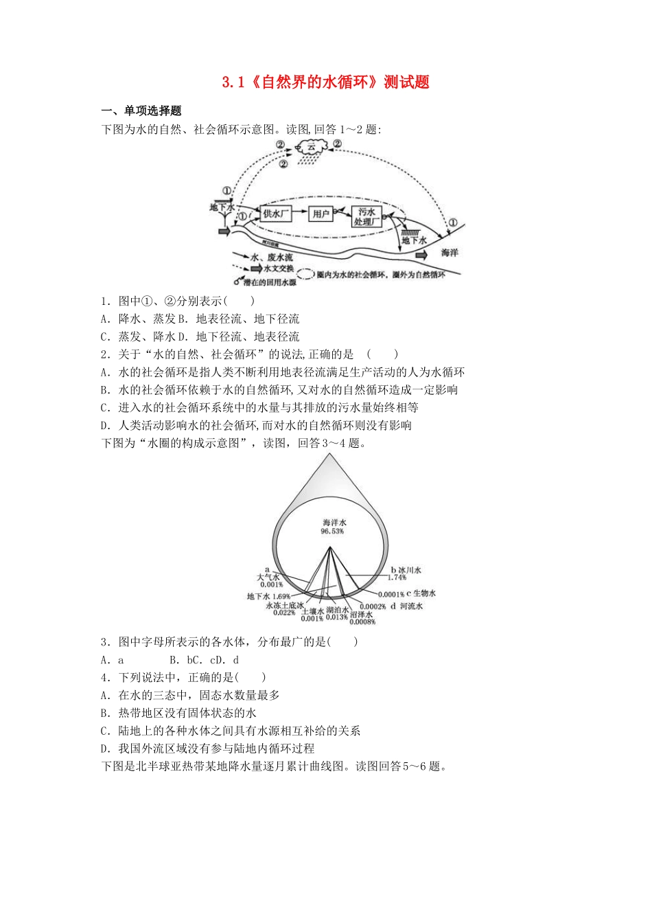 【人教版】高中地理必修一：1自然界的水循环测试题含答案_第1页