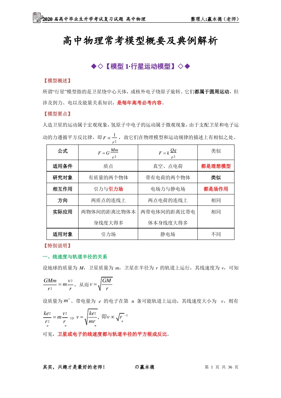 高中物理常考模型概要及典例解析_第1页