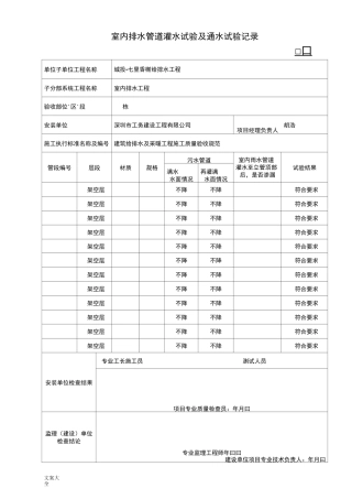 室内排水管道灌水试验及通水试验记录簿