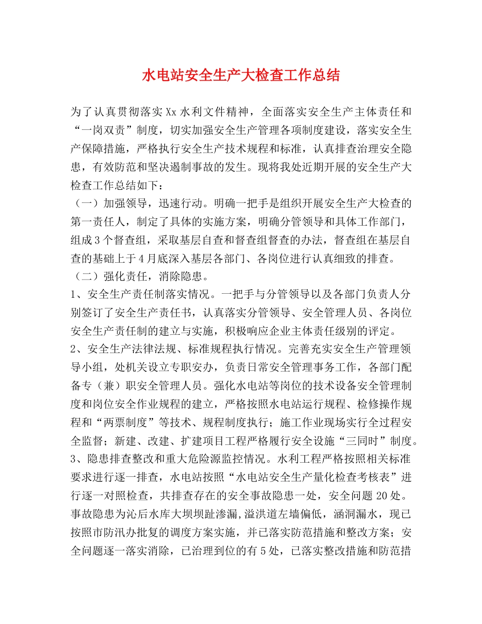 水电站安全生产大检查工作总结 _第1页