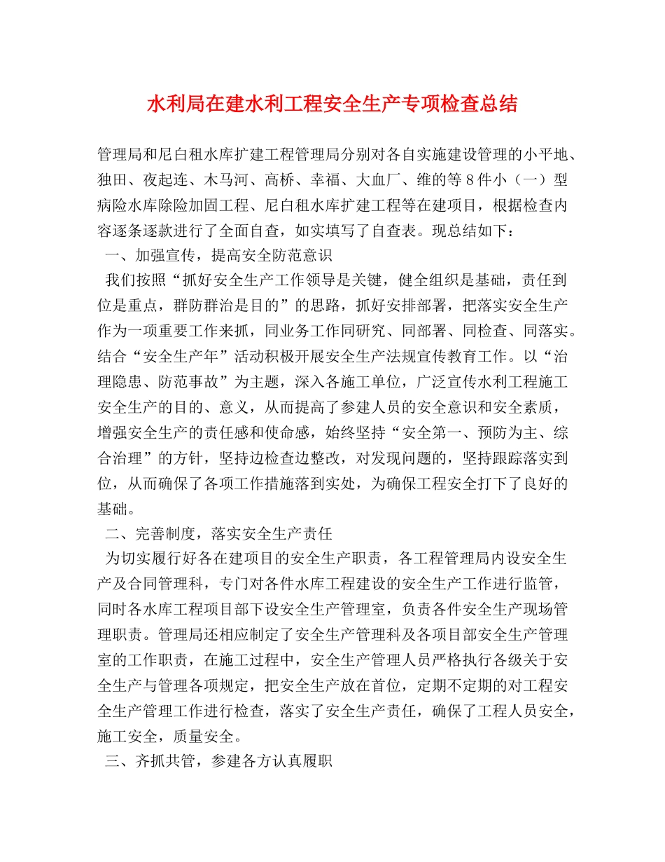 水利局在建水利工程安全生产专项检查总结 _第1页