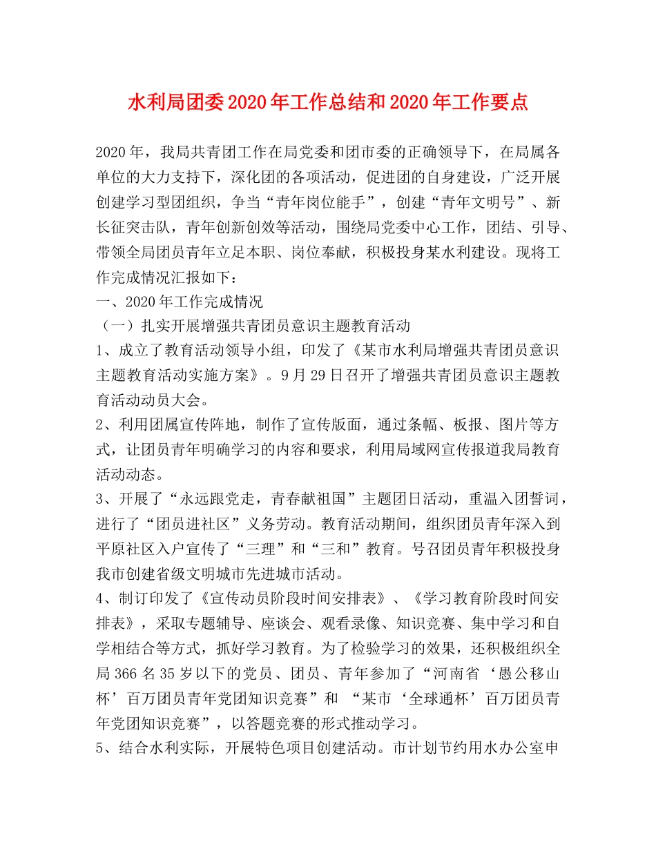 水利局团委2020年工作总结和2020年工作要点 _第1页